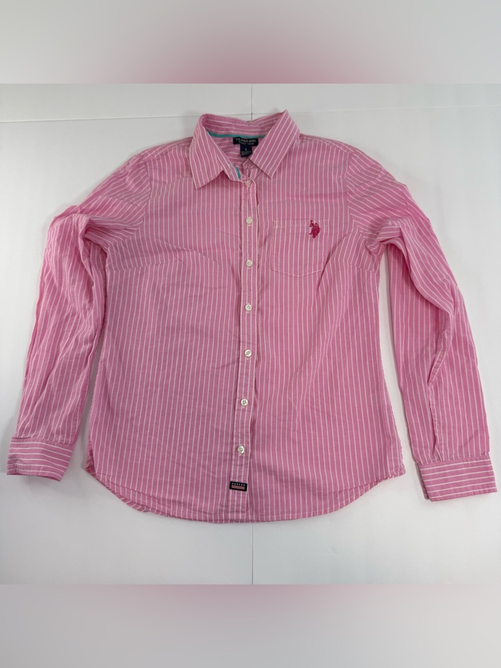 U.S. Polo Assn. 100% Cotton Bright Pink White Stripe Women's Button-Down Shirt